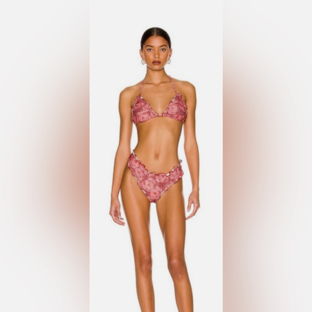 MINKPINK Moroka Triangle Bikini Ruffled Burnt Orange Print Lined Halter Top